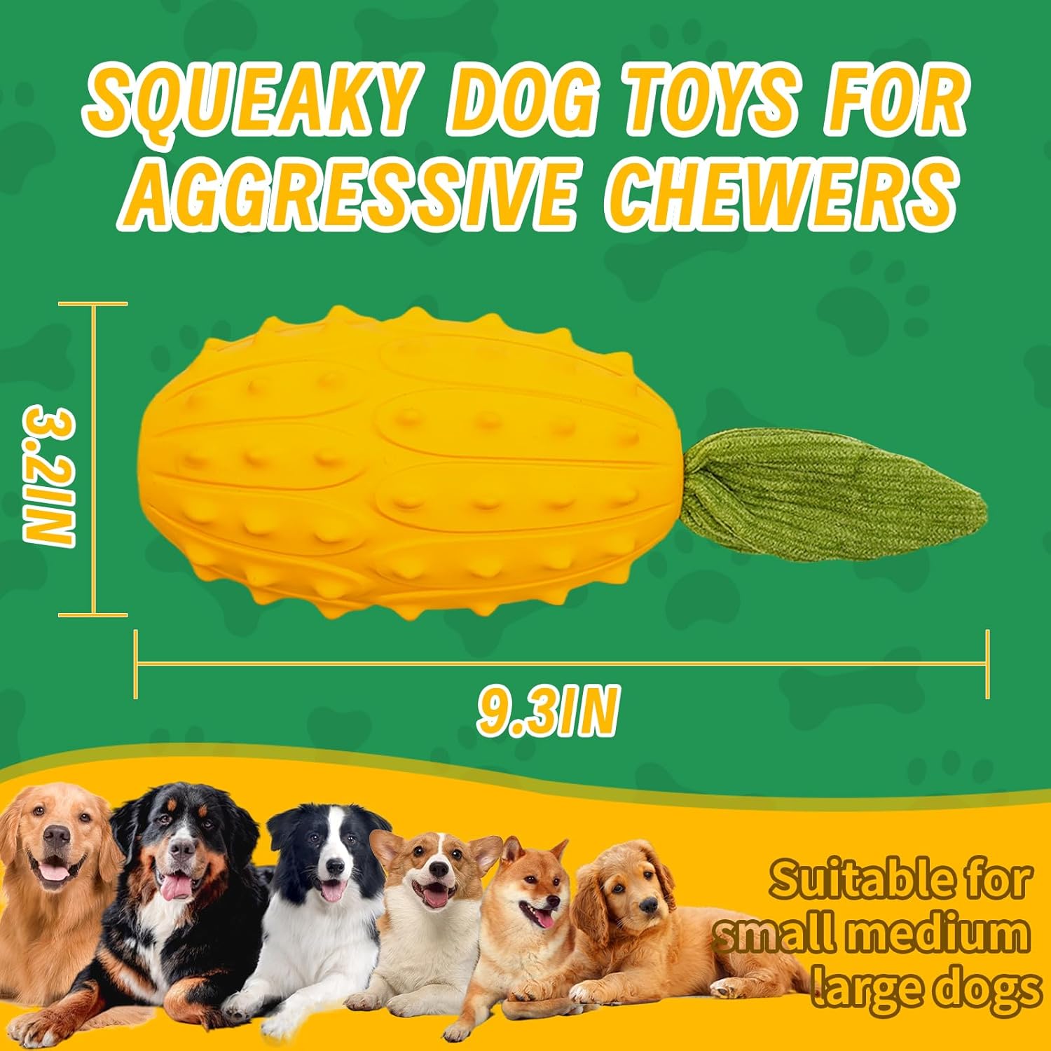 Squeaky Dog Chew Toys, Strong Tough Dog Toy with Natural Rubber, Teething Chew Toys for Small Medium Large Breeds, Kiwano Horned Cucumber Shape
