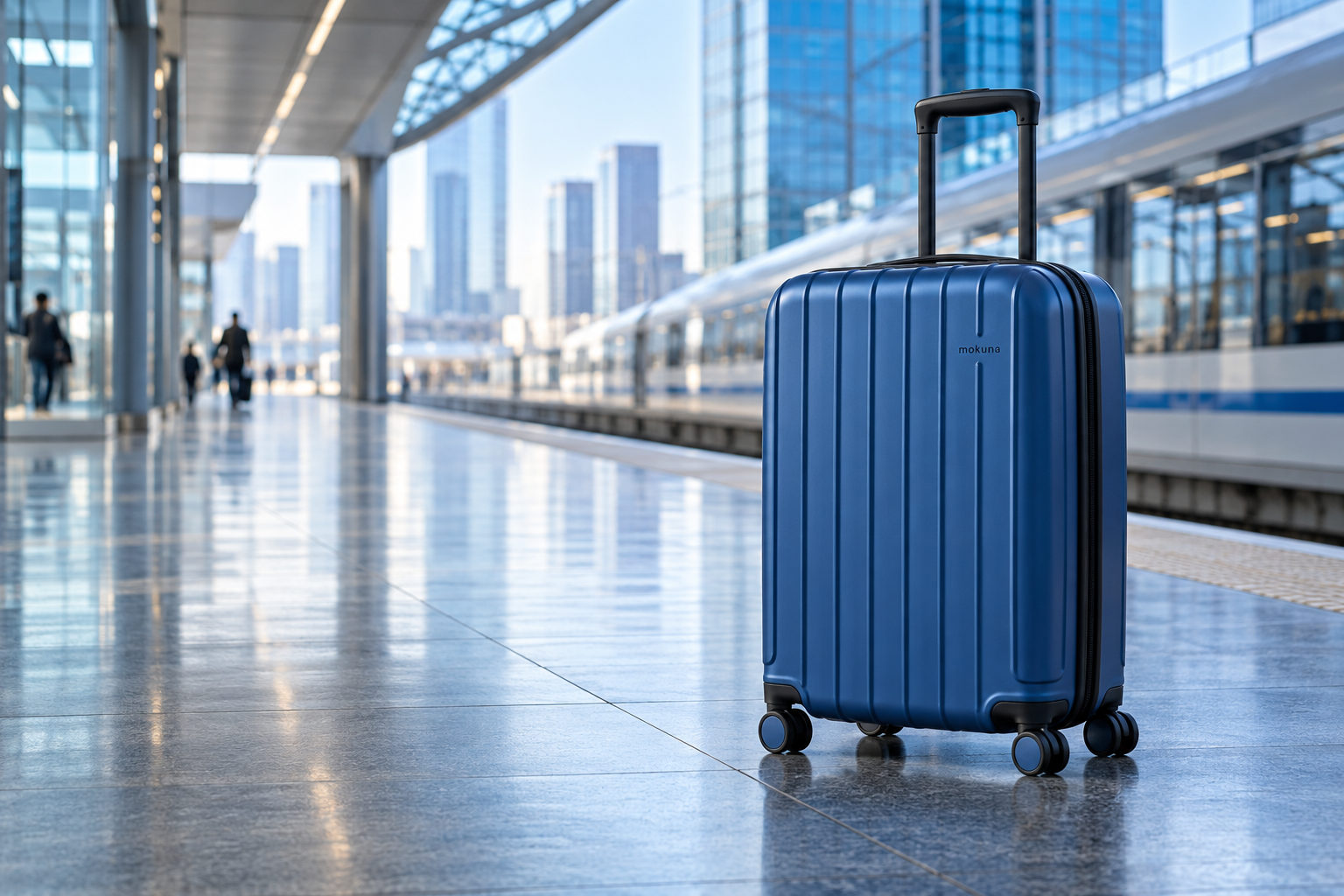 Cobalt mokuna Route luggage on a modern station platform